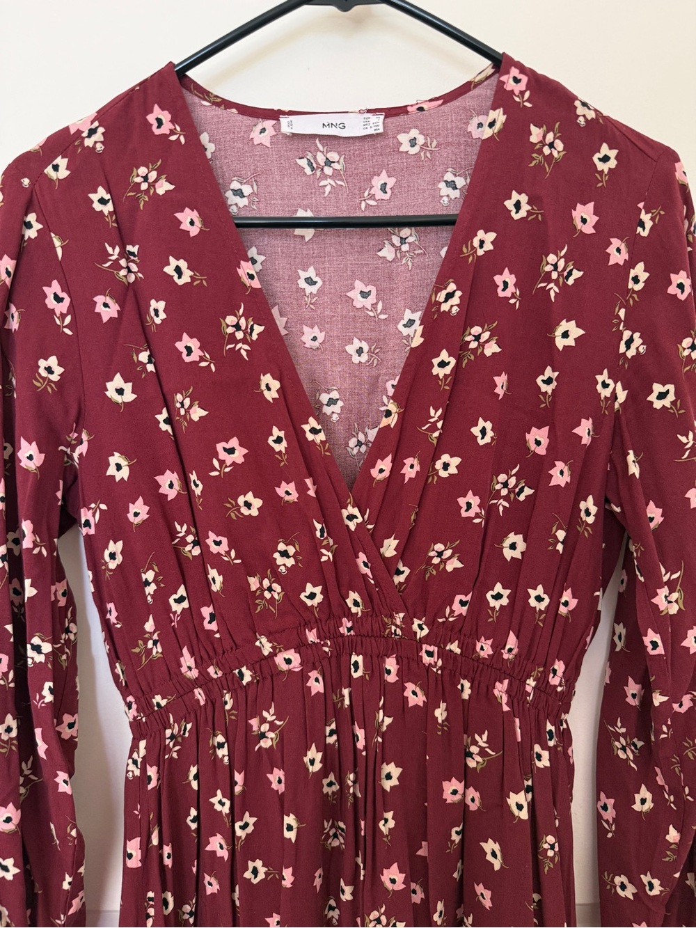 Mango Maroon Floral Wrap Dress with Pink and Cream Flowers
